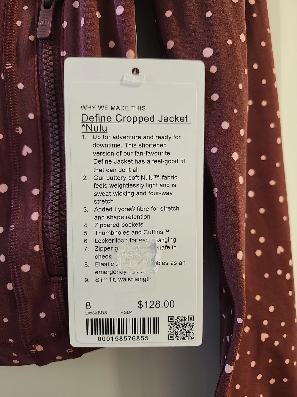 NWT lululemon Define Cropped Nulu Jacket Heart Scatter Dot Print Sz 8 Rare Burgu